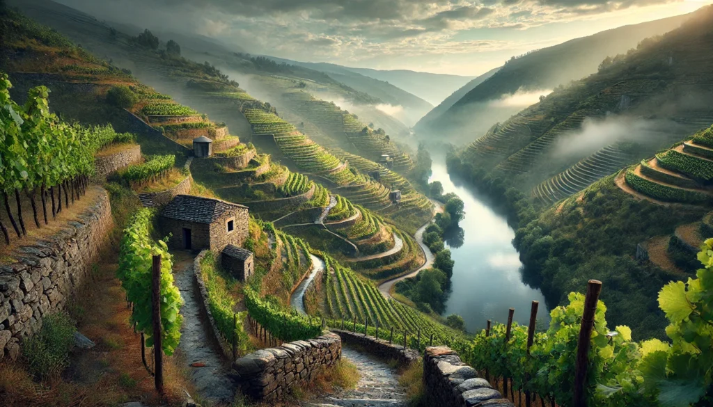 dall·e 2025 10 23 13.52.29 a photo realistic image of the vineyards of ribeira sacra in galicia, spain. the landscape features dramatic terraced vineyards clinging to steep rive