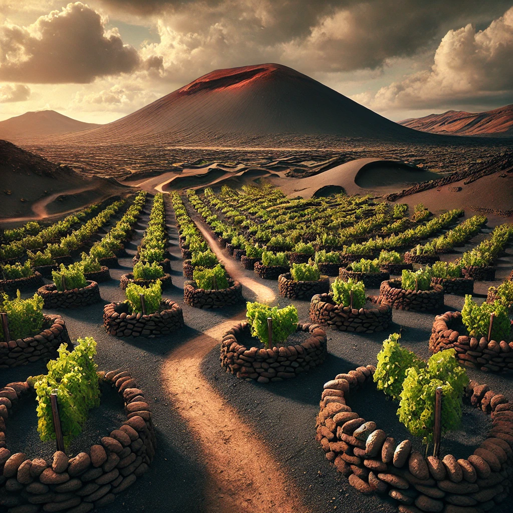 dall·e 2025 10 24 15.08.00 a hyper realistic image of vineyards in la geria, lanzarote, canary islands. the volcanic landscape is covered in dark black ash and small semicircula